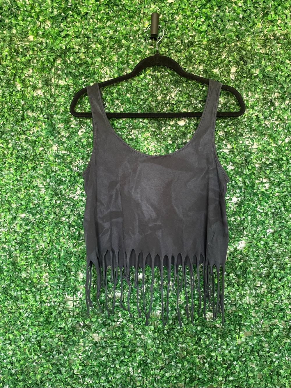 Nollie Black Grunge Fringe Oversized Cropped Tank